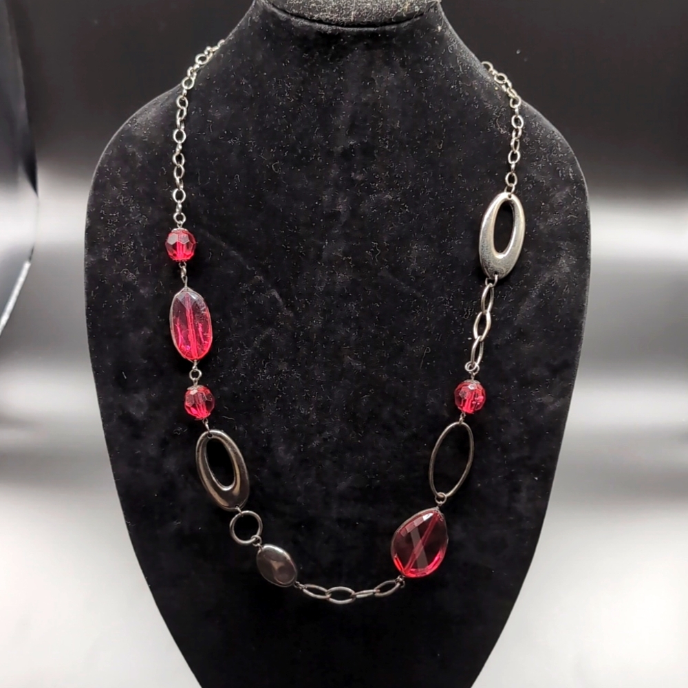 Statement Silver Toned Necklace With Red Multi Faceted Beads